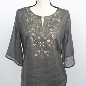 Linen neutral olive green top embellishments JM Collection timeless classic MP